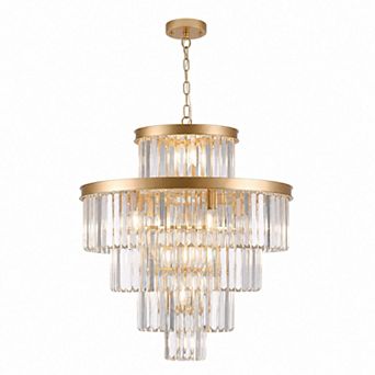 BAOURE Gold Iron Crystal Chandelier Adjustable Hanging Light for Living Dining Rooms