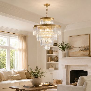 BAOURE Gold Iron Crystal Chandelier Adjustable Hanging Light for Living Dining Rooms