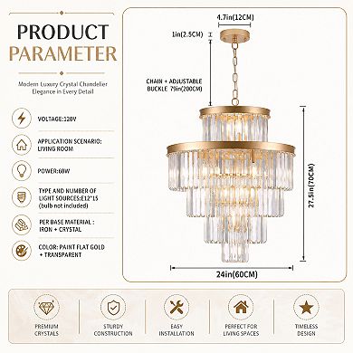 BAOURE Gold Iron Crystal Chandelier Adjustable Hanging Light for Living Dining Rooms