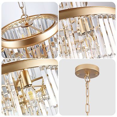 BAOURE Gold Iron Crystal Chandelier Adjustable Hanging Light for Living Dining Rooms
