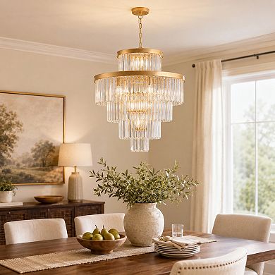 BAOURE Gold Iron Crystal Chandelier Adjustable Hanging Light for Living Dining Rooms