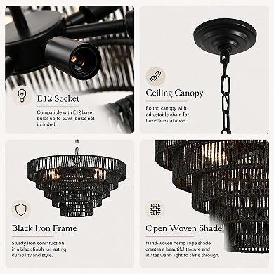 BAOURE Hemp Rope Pendant Chandelier 8 E12 Sockets For Kitchen Dining Room Entryway