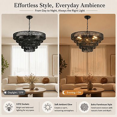 BAOURE Hemp Rope Pendant Chandelier 8 E12 Sockets For Kitchen Dining Room Entryway