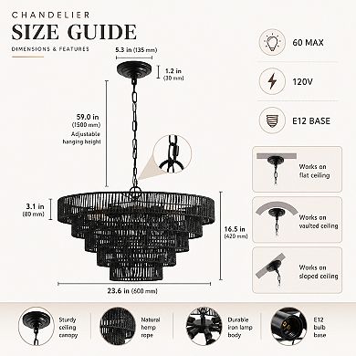 BAOURE Hemp Rope Pendant Chandelier 8 E12 Sockets For Kitchen Dining Room Entryway