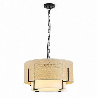BAOURE Rattan Fabric Boho Drum Chandelier Fits Dining Room Bedroom Kitchen Entryway