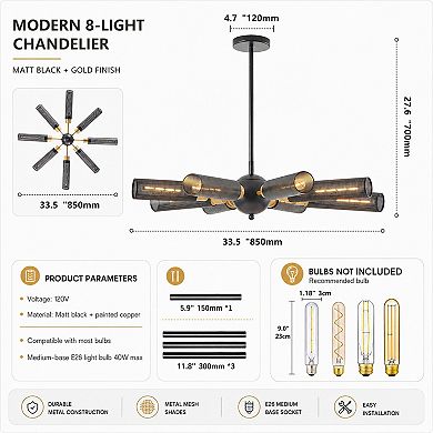 BAOURE Iron Industrial Sputnik Chandelier 8 Light For Dining Room Living Room Kitchen