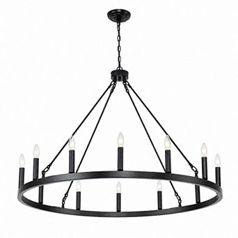 BAOURE Black Metal Modern Farmhouse 12 Light Wagon Wheel Chandelier 31 Inch Ceiling Fixture