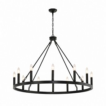 BAOURE Black Metal Farmhouse 38 Inch 12 Light Wagon Wheel Chandelier Dining Room Fixture