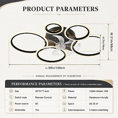 BAOURE Iron Plastic Ceiling Fan Light With Remote And App Control For Living Room Bedroom Kitchen