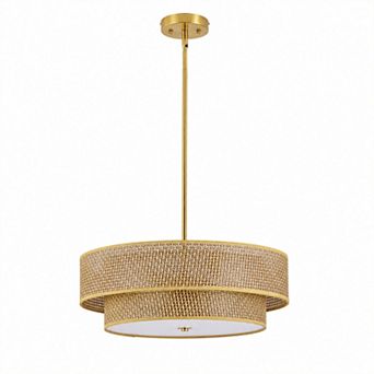 BAOURE Rattan Linen Semi Flush Mount Ceiling Light For Bedroom Kitchen Dining Room