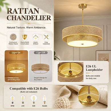 BAOURE Rattan Linen Semi Flush Mount Ceiling Light For Bedroom Kitchen Dining Room