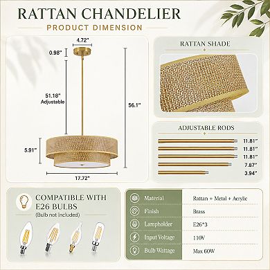BAOURE Rattan Linen Semi Flush Mount Ceiling Light For Bedroom Kitchen Dining Room