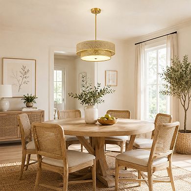 BAOURE Rattan Linen Semi Flush Mount Ceiling Light For Bedroom Kitchen Dining Room
