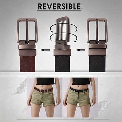 Reversible Leather Belt with Rotating Metal Buckle for Women