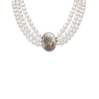 Genuine Freshwater Pearl Black Mother-of-Pearl Cameo Necklace Silvertone 18"
