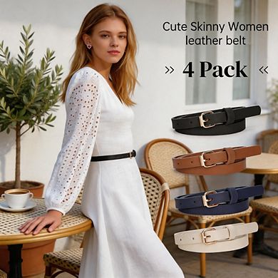 4 Pack Gold Buckle Thin Leather Belt for Women