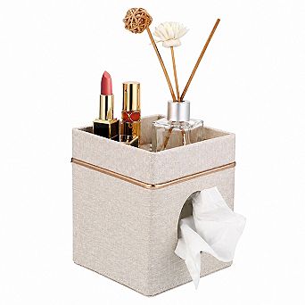 KSIZUIS Beige Linen Square Tissue Box Cover with Tray-Decorative Cube Holder for Bathroom&Office