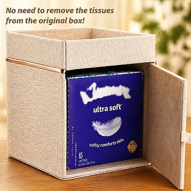 KSIZUIS Beige Linen Square Tissue Box Cover with Tray-Decorative Cube Holder for Bathroom&Office