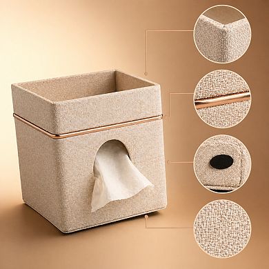 KSIZUIS Beige Linen Square Tissue Box Cover with Tray-Decorative Cube Holder for Bathroom&Office