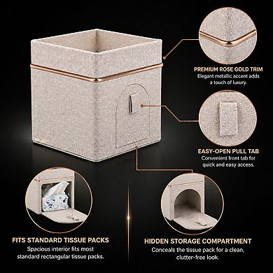 KSIZUIS Beige Linen Square Tissue Box Cover with Tray-Decorative Cube Holder for Bathroom&Office