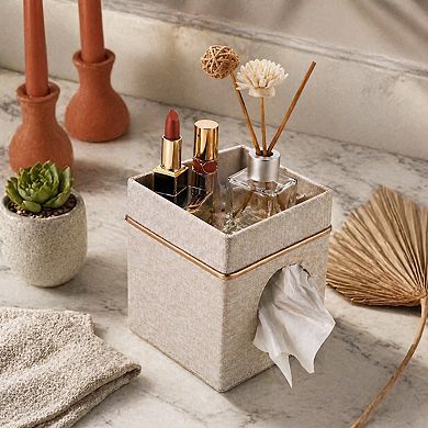 KSIZUIS Beige Linen Square Tissue Box Cover with Tray-Decorative Cube Holder for Bathroom&Office