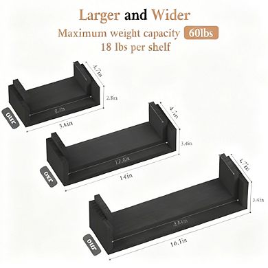Solid Wood Floating Shelves Wall Mounted Black 3 Pack Rustic Storage