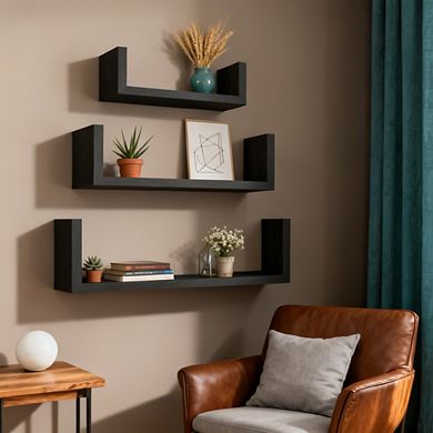 Solid Wood Floating Shelves Wall Mounted Black 3 Pack Rustic Storage