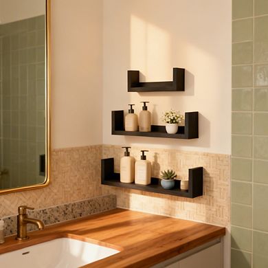 Solid Wood Floating Shelves Wall Mounted Black 3 Pack Rustic Storage