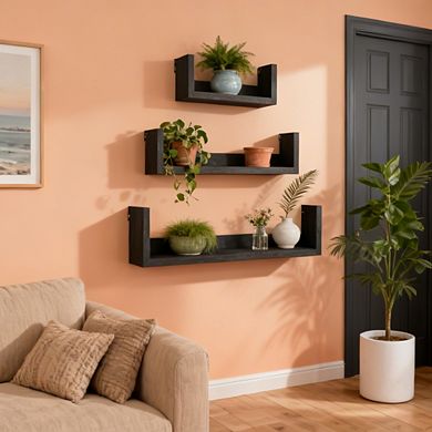 Solid Wood Floating Shelves Wall Mounted Black 3 Pack Rustic Storage