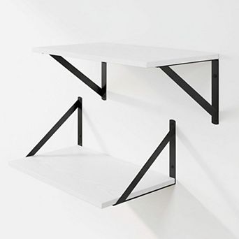 White Floating Shelves Set of 2 16w x 8d Wood w/Black Brackets Wall Storage for Living Room Kitchen