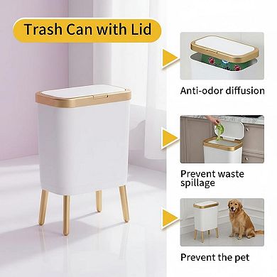 Bathroom Trash Can With Lid Plastic 4 Gallon Push Button Narrow Space-Saving