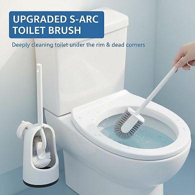 2 Pack Toilet Brush Holder Set S Arc Bristles Extra Long Handle Deep Cleaning Bathroom