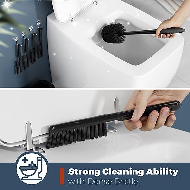 4 Pack Toilet Brush Holder Set w/ 4 Crevice Brushes, 360° Clean Silicone Handle, Easy Assembly