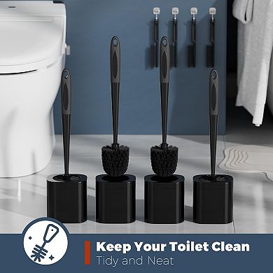 4 Pack Toilet Brush Holder Set w/ 4 Crevice Brushes, 360° Clean Silicone Handle, Easy Assembly