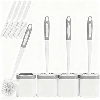 4 Pack Toilet Brush Holder Set w/ 4 Crevice Brushes, 360° Clean Silicone Handle, Easy Assembly