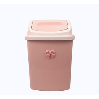 Pink swing-top trash can with bow decoration, compact, plastic, smooth opening, 8L