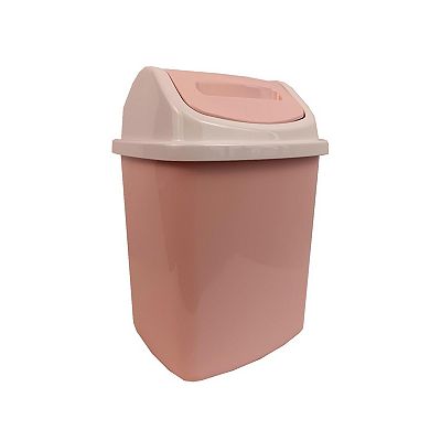 Pink swing-top trash can with bow decoration, compact, plastic, smooth opening, 8L