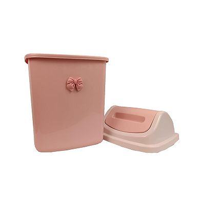 Pink swing-top trash can with bow decoration, compact, plastic, smooth opening, 8L