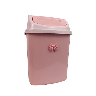 Pink swing-top trash can with bow decoration, compact, plastic, smooth opening, 8L