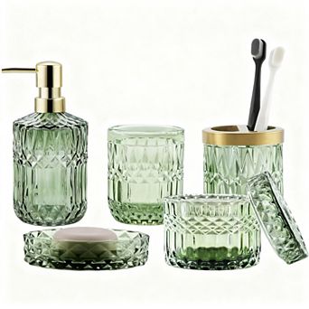 5 pc Glass Bathroom Set: Soap Dispenser, Toothbrush Holder, Tumbler, Qtips Crystal Bath Decor