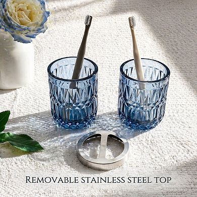 5pcs Glass Bathroom Set: Soap Dispenser, Toothbrush Holder, Tumbler, Qtips Crystal Bath Decor