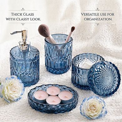 5pcs Glass Bathroom Set: Soap Dispenser, Toothbrush Holder, Tumbler, Qtips Crystal Bath Decor