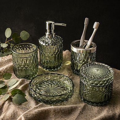 5pcs Glass Bathroom Set: Soap Dispenser, Toothbrush Holder, Tumbler, Qtips Crystal Bath Decor