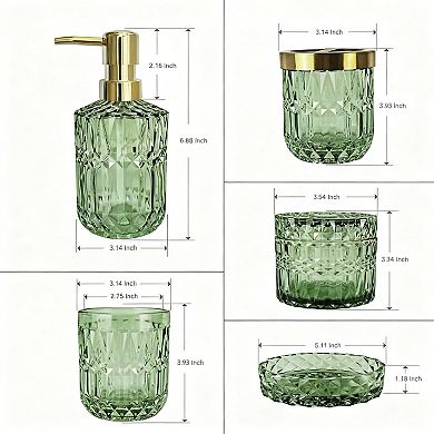 5pcs Glass Bathroom Set: Soap Dispenser, Toothbrush Holder, Tumbler, Qtips Crystal Bath Decor