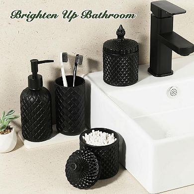 4 Pack Clear Glass Bathroom Set Diamond Pattern Soap Dispenser Toothbrush Holder