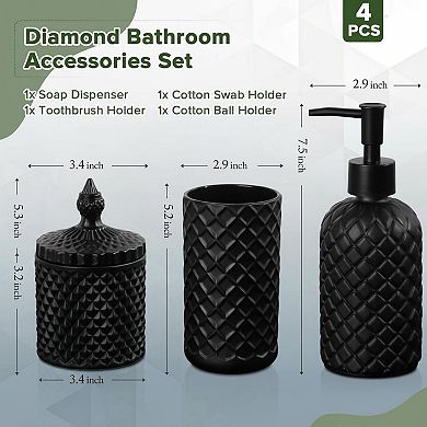 4 Pack Clear Glass Bathroom Set Diamond Pattern Soap Dispenser Toothbrush Holder