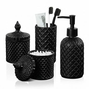 4 Pack Clear Glass Bathroom Set Diamond Pattern Soap Dispenser Toothbrush Holder