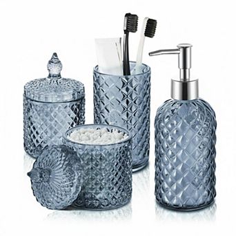 4 Pack Clear Glass Bathroom Set Diamond Pattern Soap Dispenser Toothbrush Holder