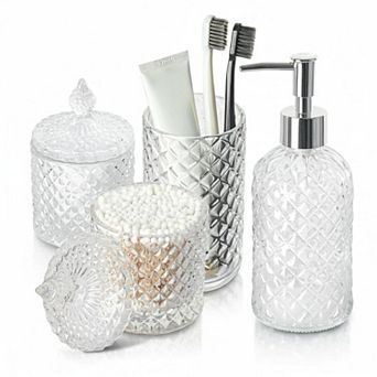 4 Pack Clear Glass Bathroom Set Diamond Pattern Soap Dispenser Toothbrush Holder