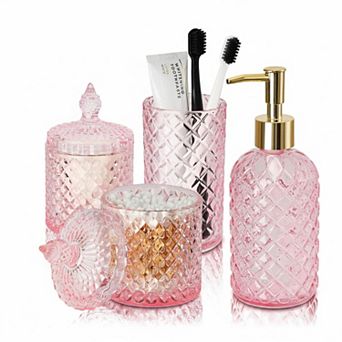 4 Pack Clear Glass Bathroom Set Diamond Pattern Soap Dispenser Toothbrush Holder